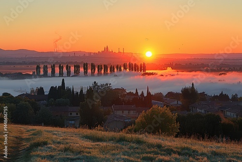 Obraz na płótnie A picturesque sunrise illuminates a town shrouded in mist w salonie