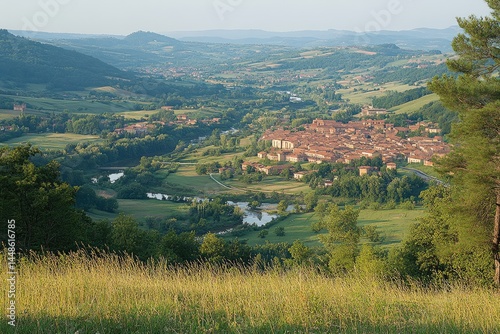 A picturesque view of a village nestled in green valleys