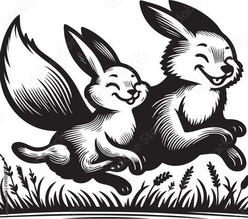 Friendly Rabbit and Fox Playfully Flying Through Fields. A whimsical black and white illustration of a rabbit and a fox joyfully flying through a field of flowers.