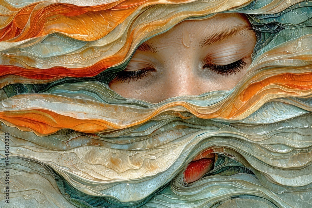 A persons closed eyes and face surrounded by rippling textures