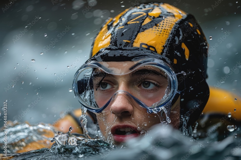 A person wearing goggles in water during a rainstorm