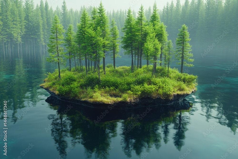 A picturesque island surrounded by calm water and lush green trees