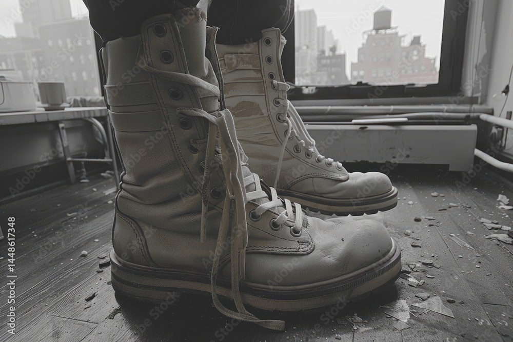 A person wearing tall white boots near a window