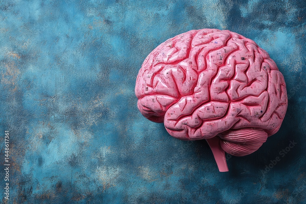 A pink human brain sits on a textured blue background
