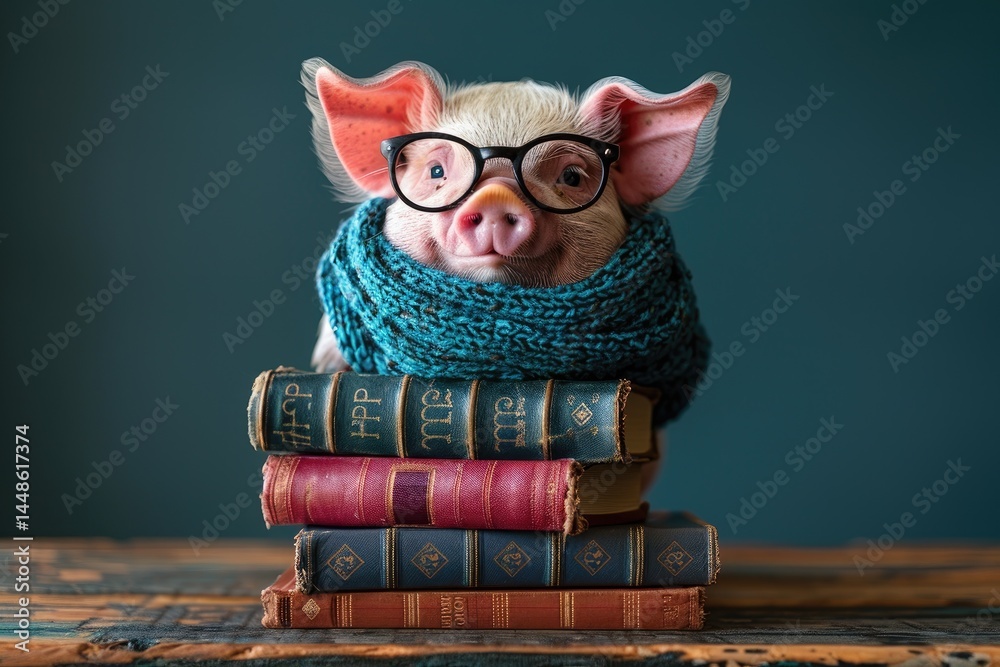 A pig wearing glasses and a scarf sits on books