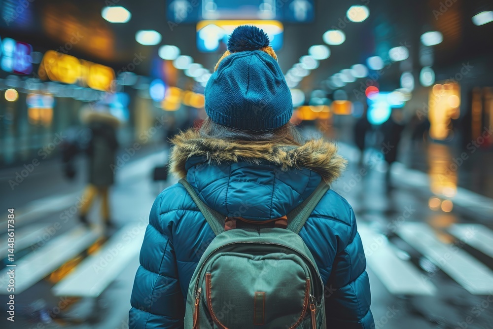 A person standing in a busy public transit station setting