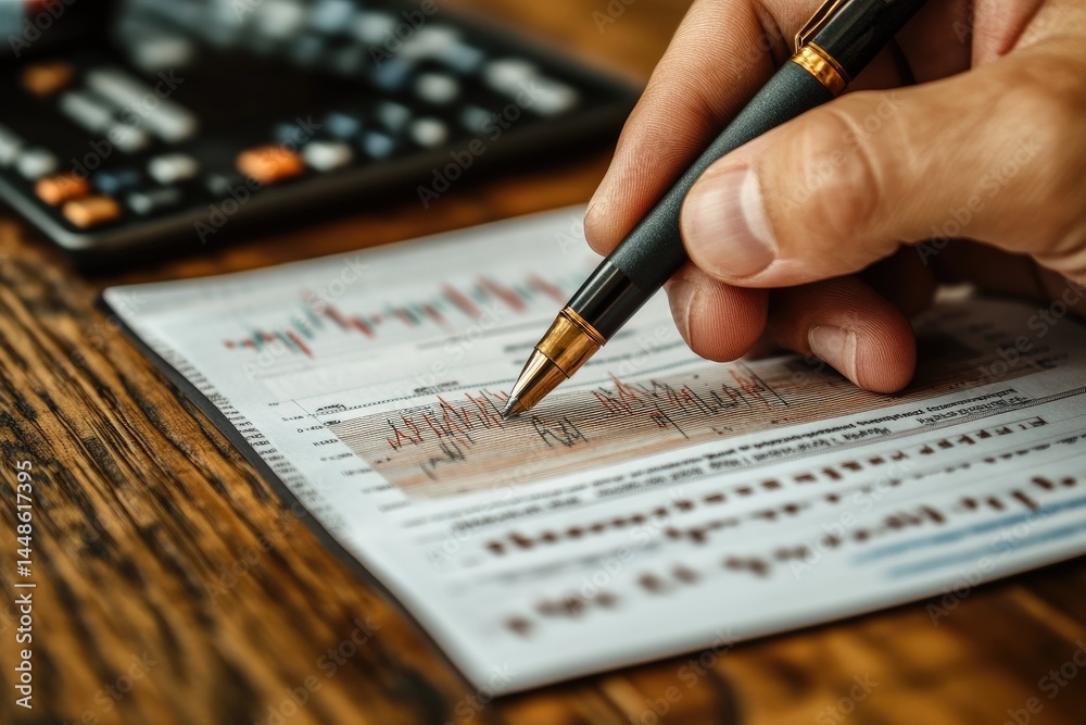 A persons hand using a pen reviewing financial investment data