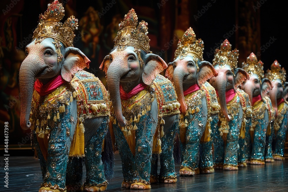 A procession of beautifully adorned elephants performing in a stage show
