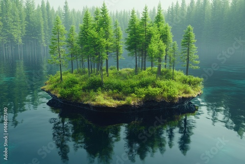 A picturesque island surrounded by calm water and lush green trees