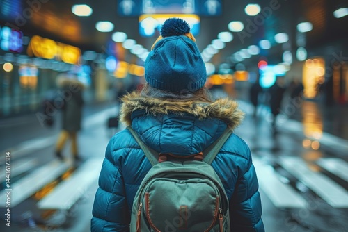 A person standing in a busy public transit station setting