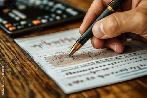 Obraz na płótnie A persons hand using a pen reviewing financial investment data w salonie
