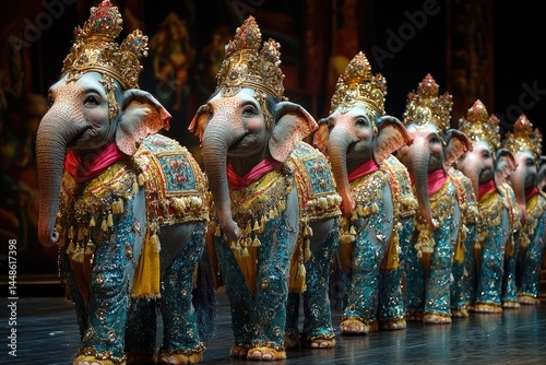 Obraz na płótnie A procession of beautifully adorned elephants performing in a stage show w salonie