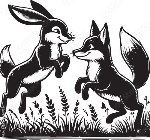 Friendly Rabbit and Fox Playfully Flying Through Fields. A whimsical black and white illustration of a rabbit and a fox joyfully flying through a field of flowers.