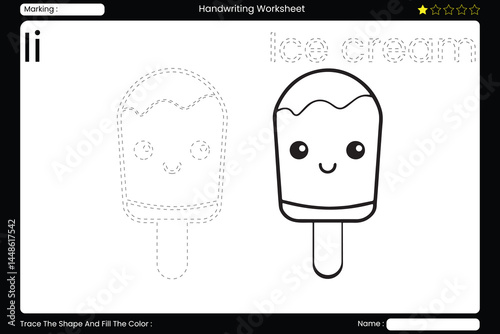 Trace Letter I. Sweet Ice Cream Coloring Page for Kids. Printable Vocabulary Builder. Educational Vector Worksheet