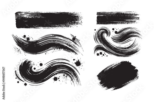 Set of black paint, ink brush strokes.