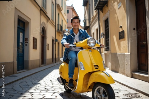 Stylish Asian Man Enjoying a Ride on His Bright Vintage Italian Style Scooter Through a Confined City Lane