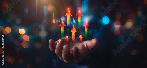 hand gently touches glowing upward trend line symbolizing success business and vision concept