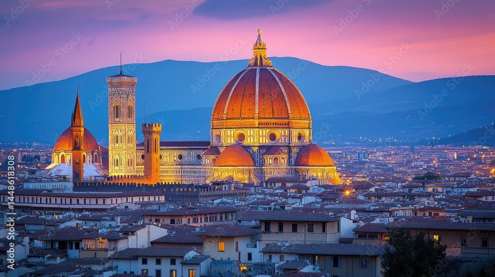Fototapeta premium The Duomo, Florence, Italy, at sunset, with its iconic dome illuminated against a backdrop of mountains and city lights.