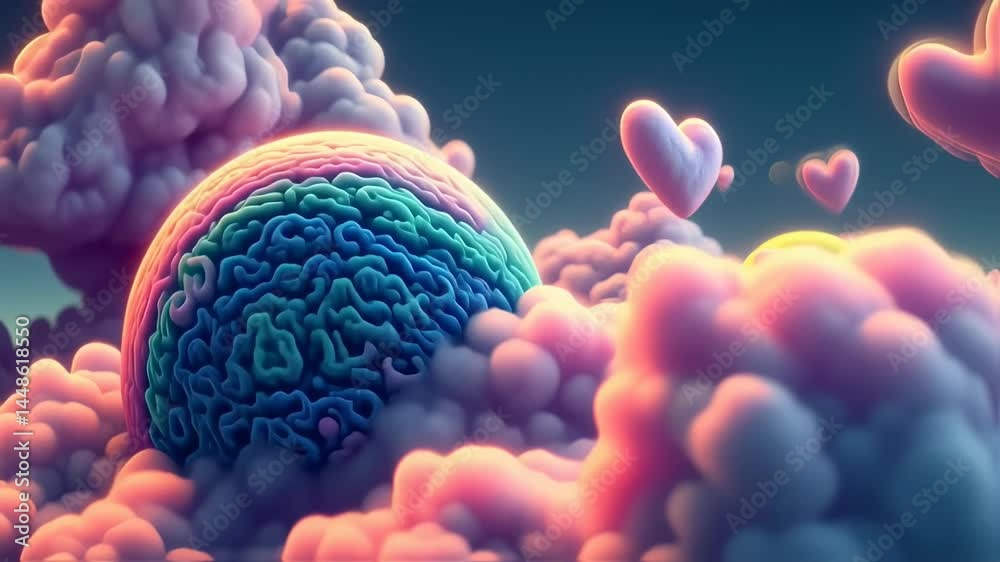 Floating hearts and colorful planets navigate vibrant clouds in a dreamy landscape