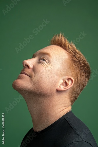 A stylish male making a statement. Concept art visual artwork of style for aging men. Green solid background. Elegant men's classic long sweep haircut - midlife white man with red hair.