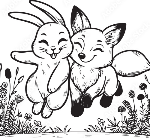 Friendly Rabbit and Fox Playfully Flying Through Fields. A whimsical black and white illustration of a rabbit and a fox joyfully flying through a field of flowers.