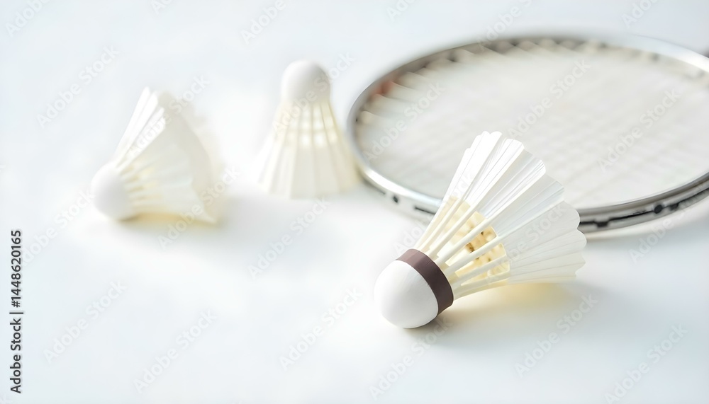 Fototapeta premium white badminton shuttlecocks scattered near racket on white background
