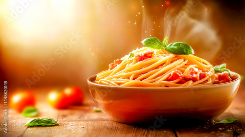 Classic Italian Spaghetti alla Amatriciana with pancetta, tomatoes, pecorino photo