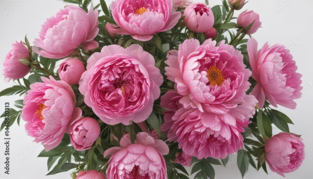 Fototapeta premium Vibrant pink peonies and roses bouquet, white backdrop , elegant, spring