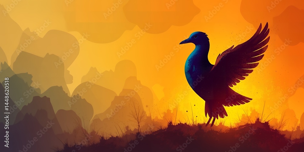 Fototapeta premium A stylized illustration of a bird with outstretched wings against a sunset background