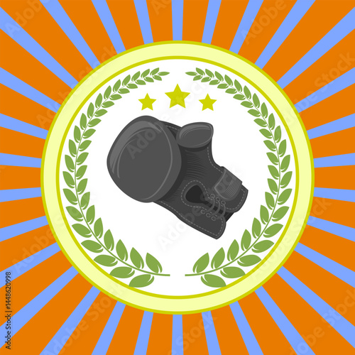 Vector Boxing Icon with Green Wreath and Yellow Stars. Award Icon. Placement in a Sporting Competition Contest for First Place. Grey Boxing Glove on orange blue background. Symbol of Boxing Day.