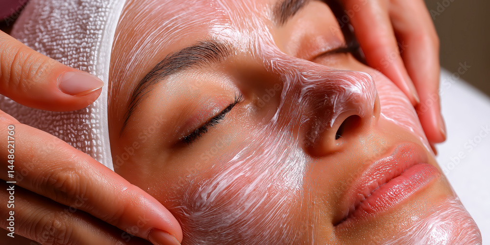 Naklejka premium Close-up macro of beautician applying soothing face mask to relaxed woman, perfect for skincare, spa treatments, beauty care, wellness, and self-care visuals