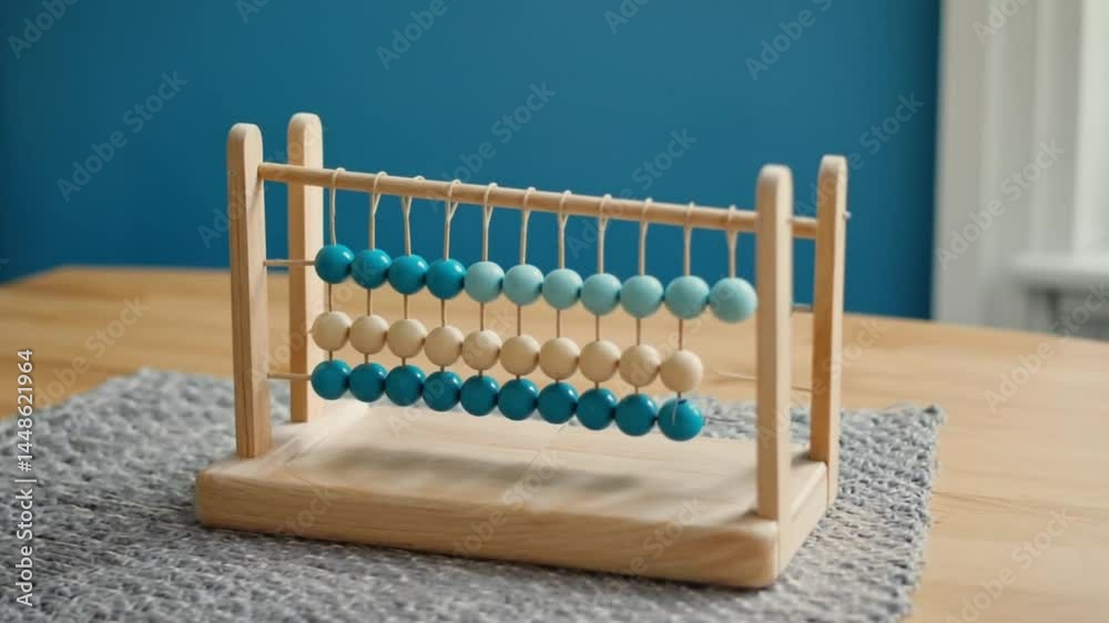 Wooden abacus with teal and beige beads A simple handcrafted learning tool