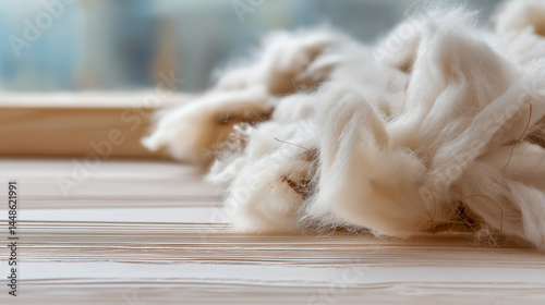 Eco-friendly raw cotton fibers laid neatly on light wooden surface in soft daylight, perfect for natural textiles, organic materials, sustainable production, and eco product visuals