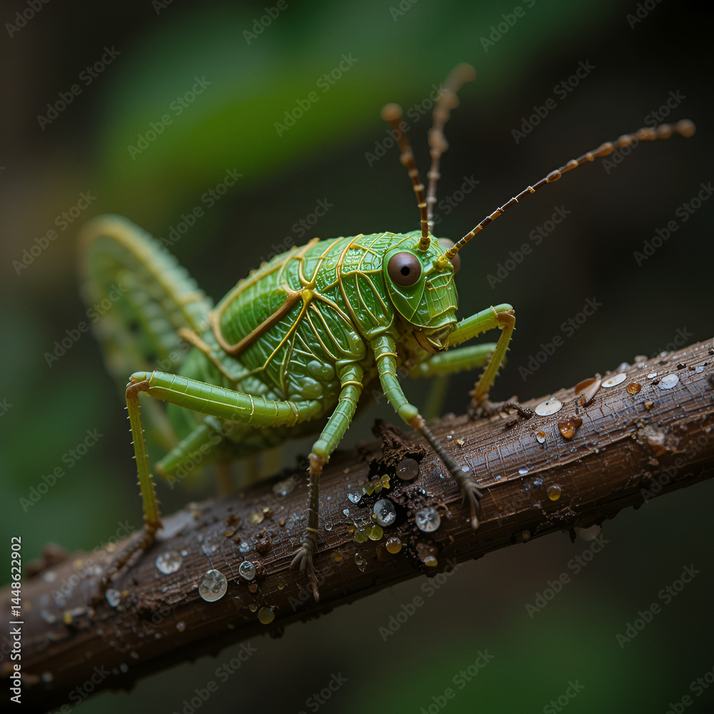 Fototapeta premium Amazing and unique wildlife katydid found on deep jungle forest in Sabah, Borneo