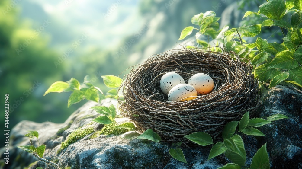 A bird's nest with three speckled eggs sits on a rock ledge in a lush forest. A bird's nest with three speckled eggs sits on a rock ledge in a lush forest.