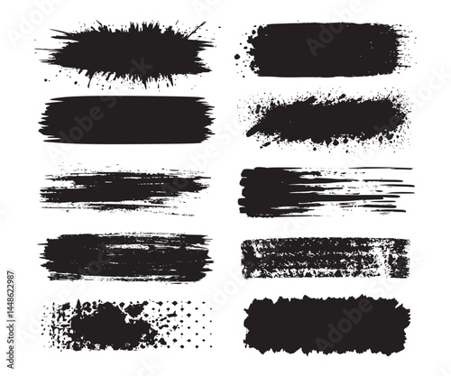 Set of black paint, ink brush strokes.