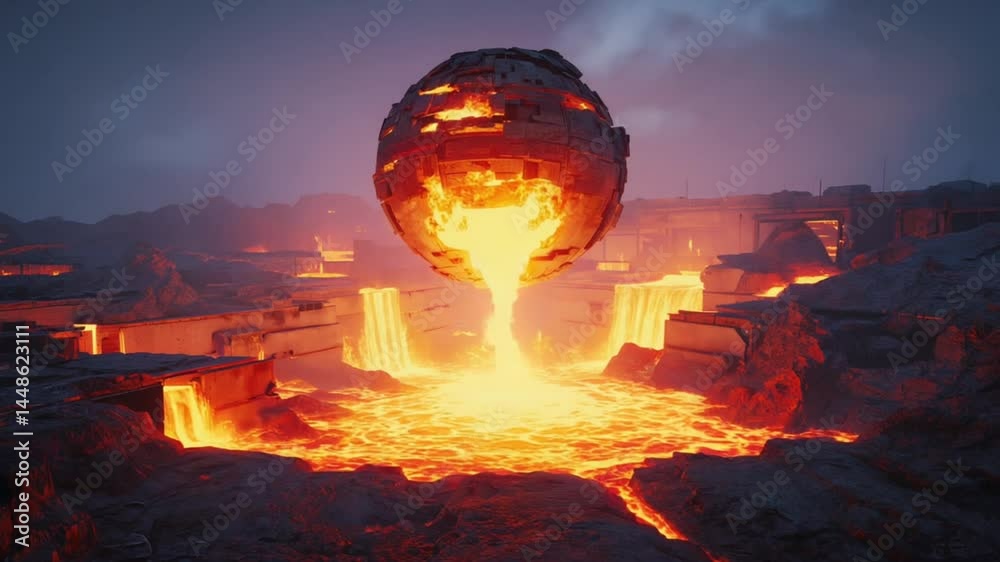 A fiery red orb floats crumbling lava field. orb's energy swells, distorts lava, flow unpredictably. orb's fiery light flickers, glowing red eclipse over the molten lava landscape