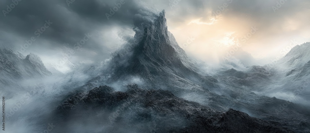 Majestic mountain peak shrouded in fog with a sunbeam peeking through the clouds. Majestic mountain peak shrouded in fog with a sunbeam peeking through the clouds.