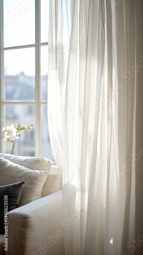 Sunlight streams through sheer curtains in a bright, airy living room