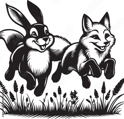 Friendly Rabbit and Fox Playfully Flying Through Fields. A whimsical black and white illustration of a rabbit and a fox joyfully flying through a field of flowers.