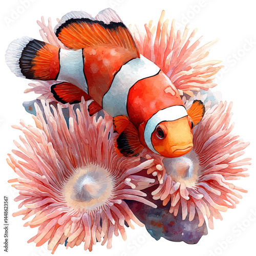illustration of Clownfish Hiding In Anemones, watercolor vector, isolated on a white background.