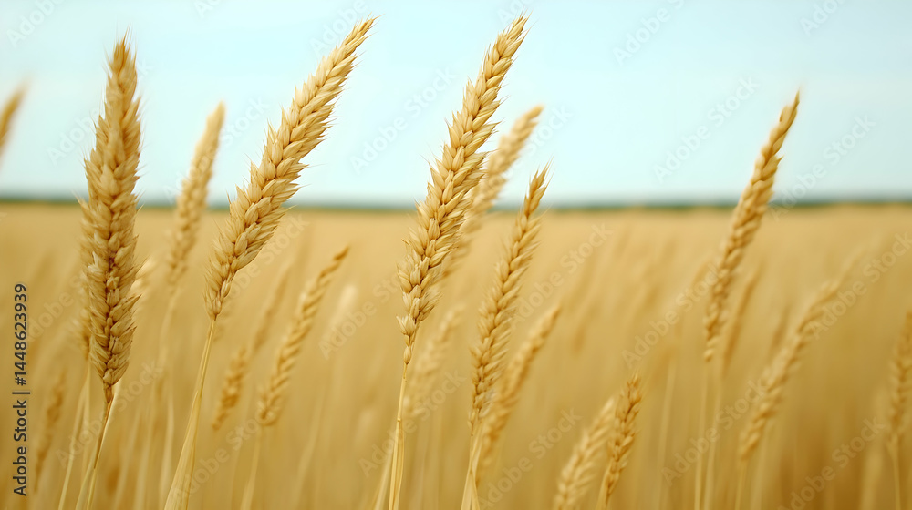 Golden wheat field swaying in the breeze against a serene sky backdrop Golden wheat field swaying in the breeze against a serene sky backdrop