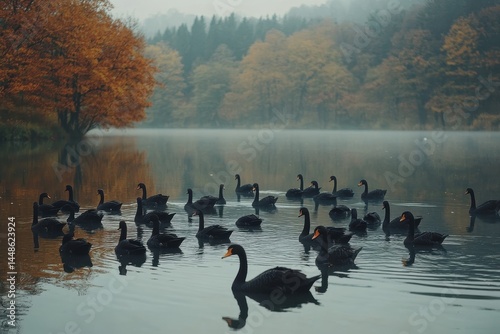 Flock of black swans swimming and foraging in serene lake during autumn morning mist, A flock of black swans swimming and foraging on the lake, static shot, wildlife