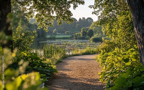 Sunlit path through a lush park