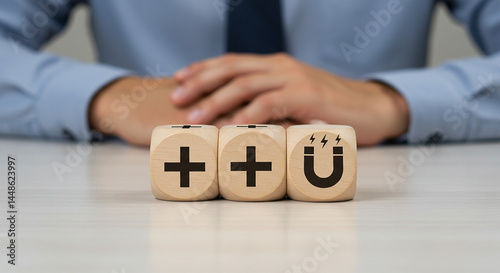 A person with crossed hands behind plus sign and magnet symbols on wooden blocks on a white surface
