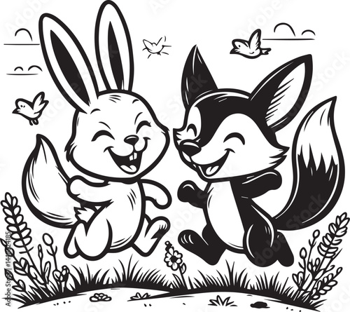 Friendly Rabbit and Fox Playfully Flying Through Fields. A whimsical black and white illustration of a rabbit and a fox joyfully flying through a field of flowers.