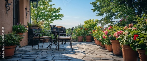 Sunny patio with flowers and bistro set
