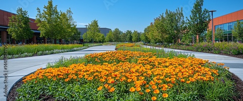 Sunny walkway lined with vibrant orange flowers and lush greenery, alongside modern buildings