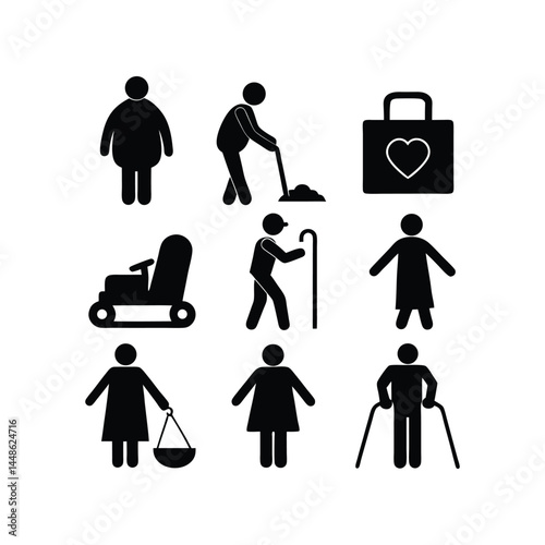 Diverse Set of Simple Black Pictograms Representing Elderly People, Disability, and Senior Care