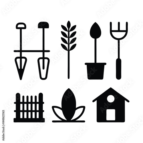 Gardening Tools and Plants A Collection of Black and White Icons